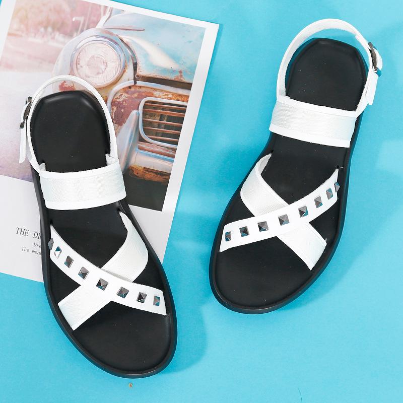 2024 Men's White Leather Open Toe Sandals: Trendy, Breathable, Non-Slip, Rivet Design, Summer Youth Style
