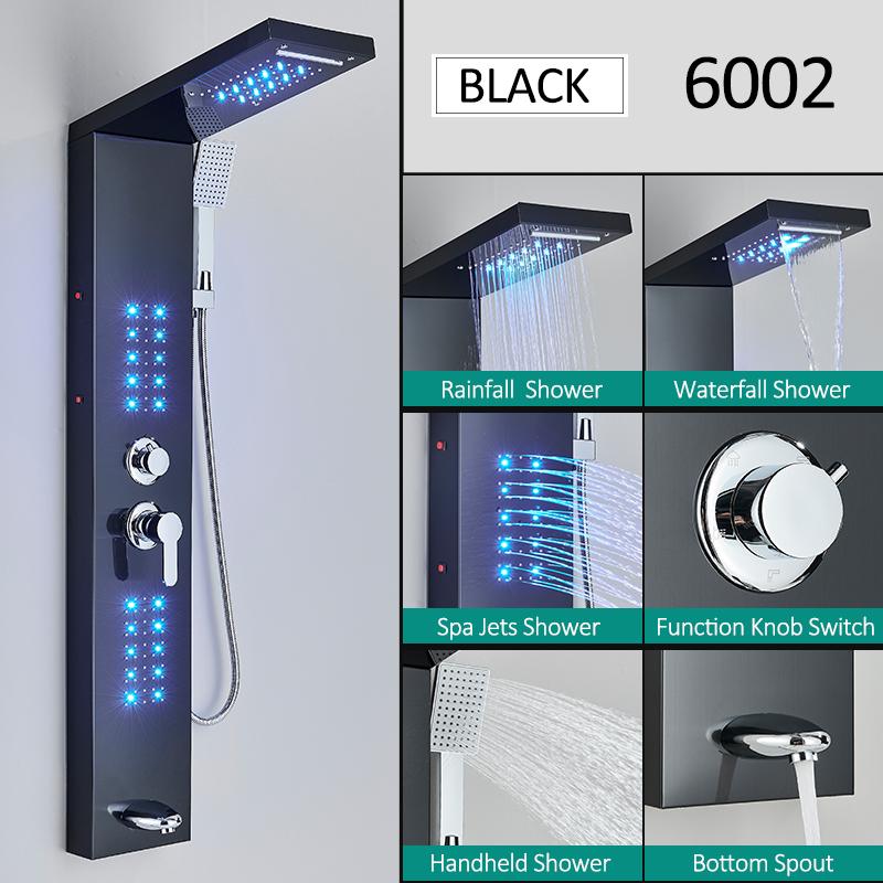 Black LED Shower Panel Tower System Rain Waterfall Shower Column Hydroelectricity Massage Body Spa Bath Shower Faucet Mixer