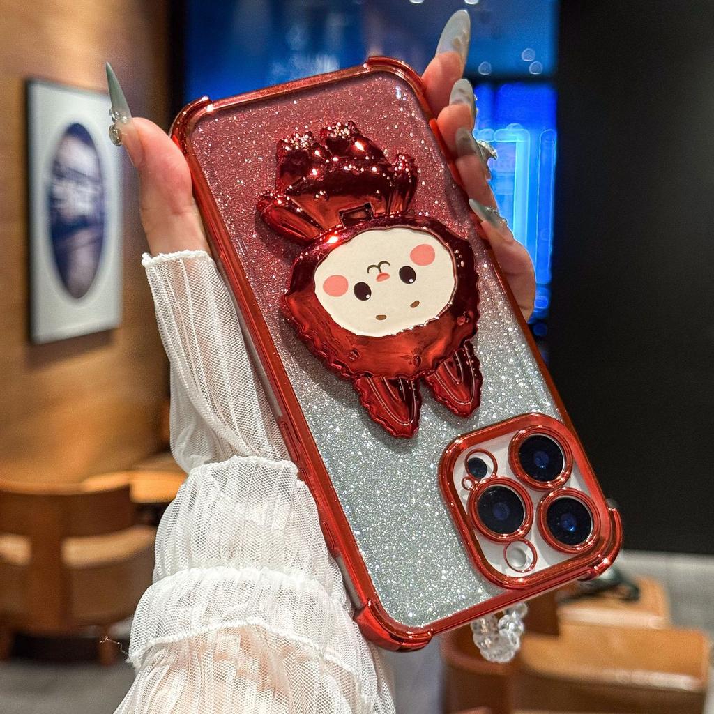 Cute Cartoon Mirror Phone Holder Glitter Gradient Plating Phone Case Cover for iPhone 17 16 15 14 13 12 11 Pro Max Plus Air