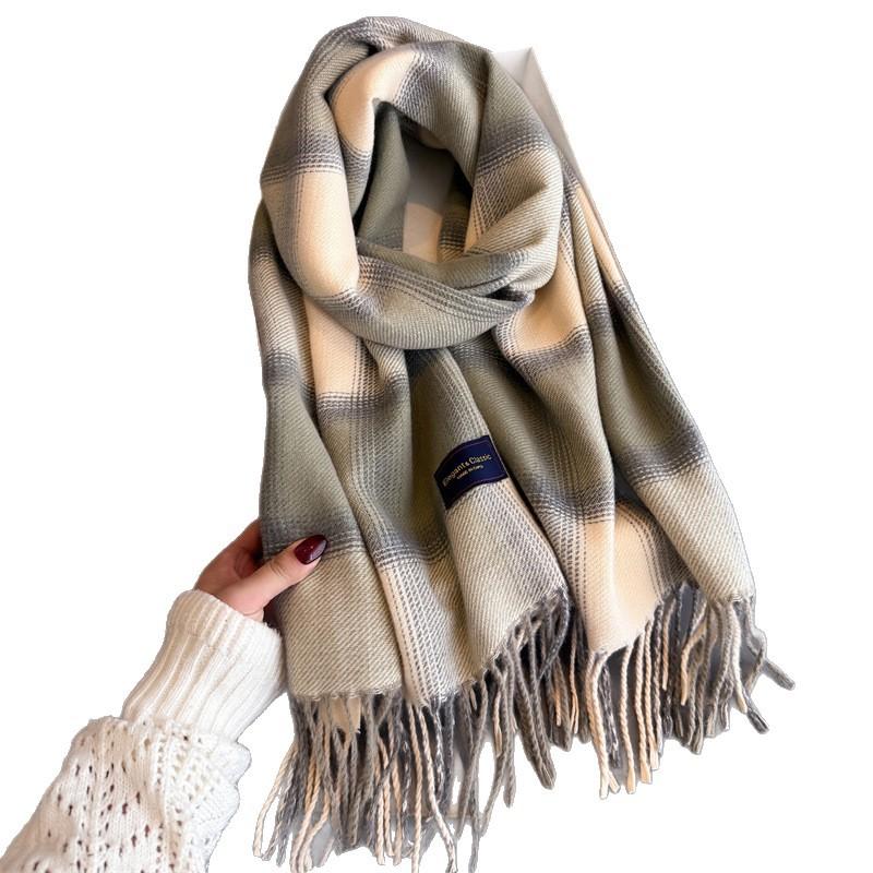 Contrast Color Plaid Premium Sense Autumn And Winter Warm Scarf Women'S Shawl Versatile Commuter Fringed Fine Sand Imitation Cashmere Scarf