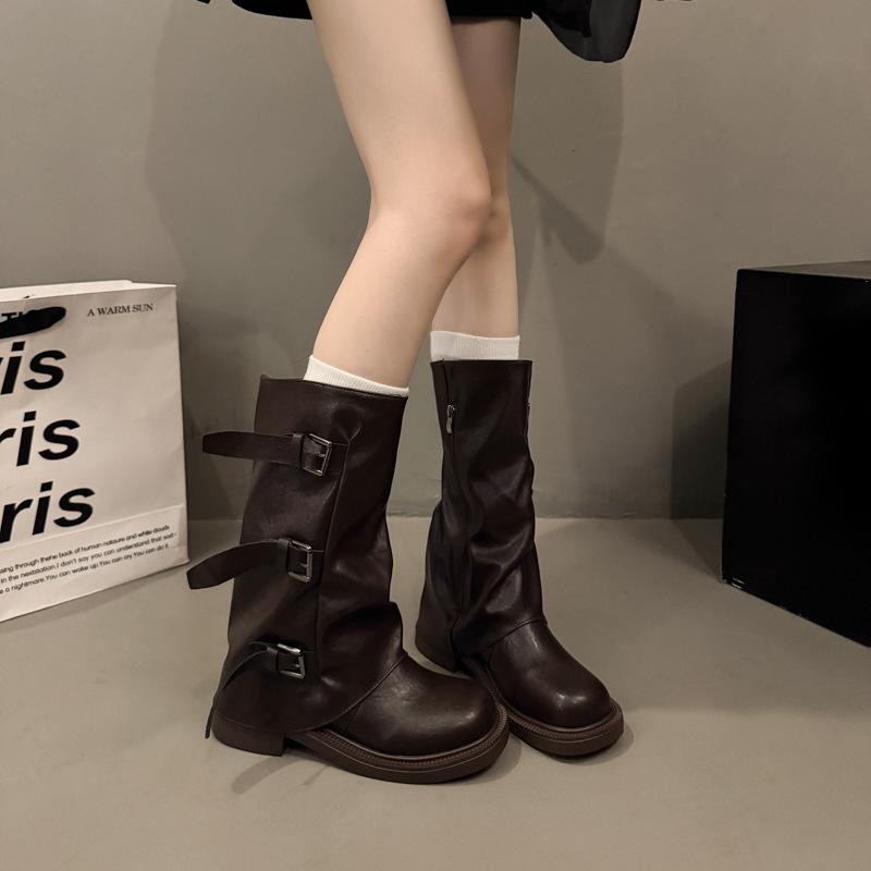 

Нишевые ретро-сапоги на толстом каблуке средней высоты, ковбойские стековые сапоги в стиле вестерн, рыцарские сапоги, ранняя осень, ботинки «Мартин», французские женские сапоги 40 коричневый