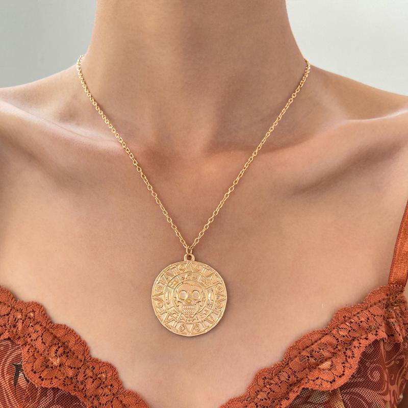 Pirates Of The Caribbean Aztec Gold Color Coin Necklace Retro Skull Pendant Punk Hip Hop Necklace