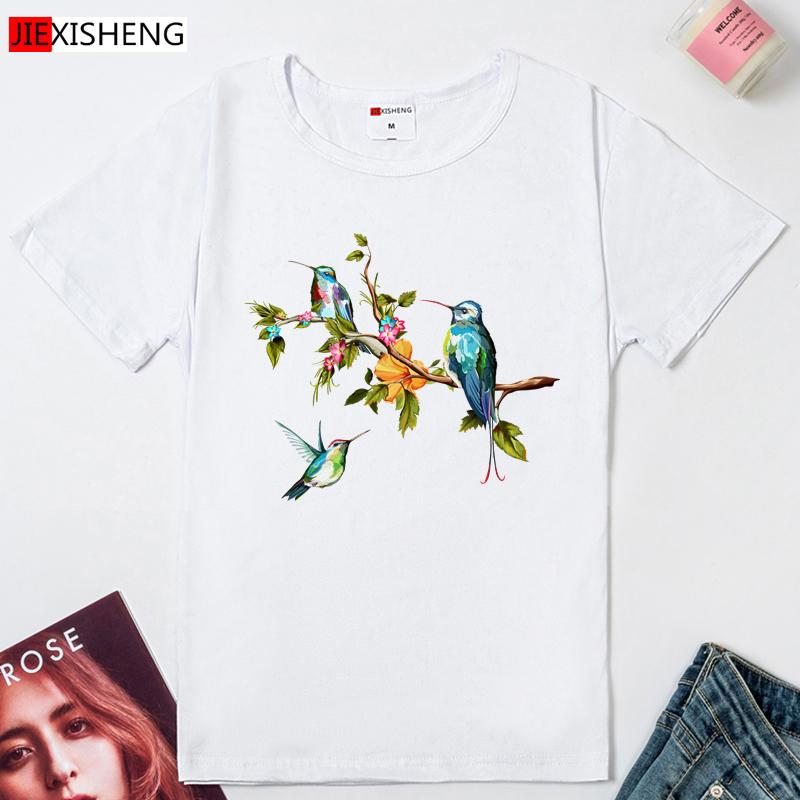 Birds And Flowers Print Women T-Shirts Summer Casual Short Sleeve O Neck Tops Tees 5 Colors Cute Women's Clothing
