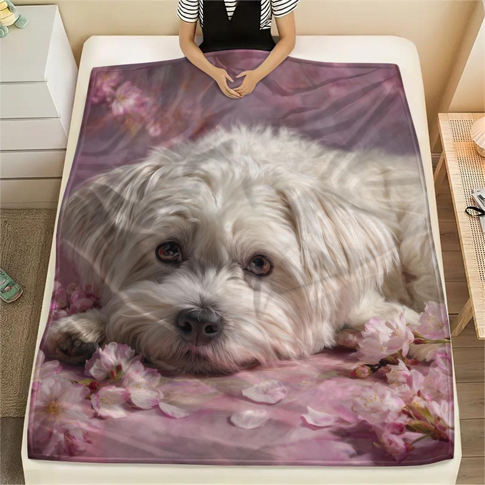 Maltese dog and flowers,pattern Flannel Blanket, High quality Comfortable for All Seasons, Home Decor, Warmth and Comfort, Perfect for Gifts.