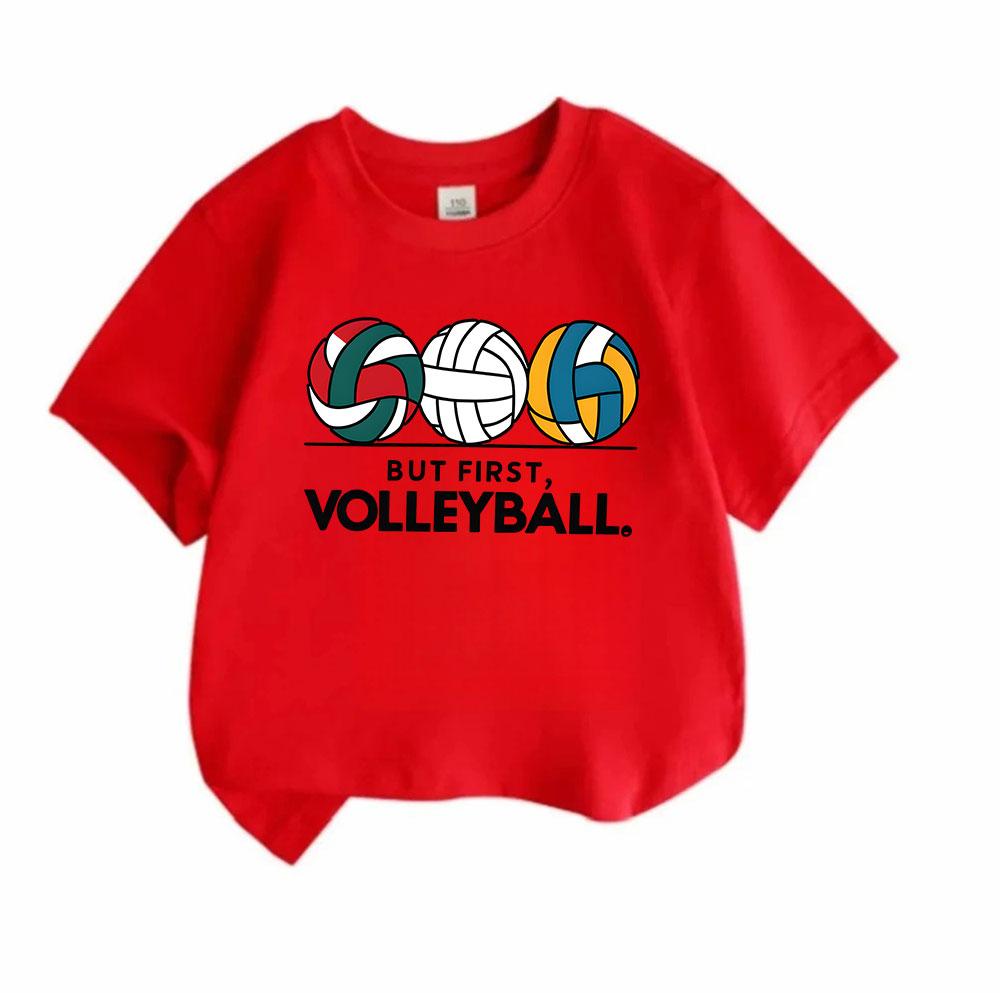 Kids Boys Girls 100% Cotton Crew Neck Short Sleeve T-Shirt, Cute Volleyball Pattern But First Volleyball Graphic Casual Comfy Tee for Children Daily S