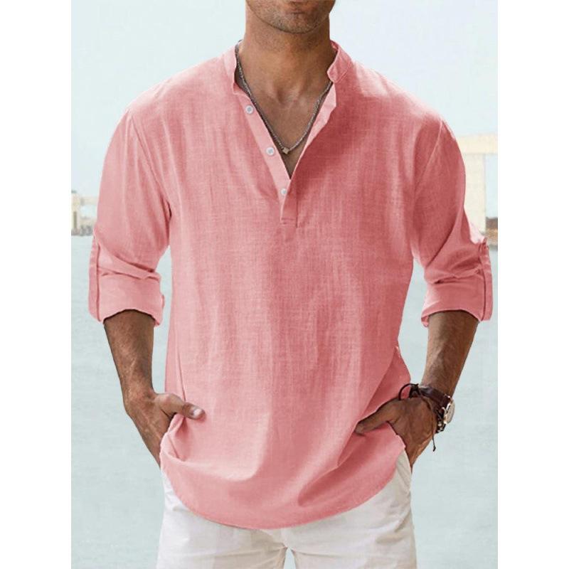 Men s linen stand-up collar long-sleeved shirt loose undershirt solid color long-sleeved cotton and linen shirt men s S персиковый