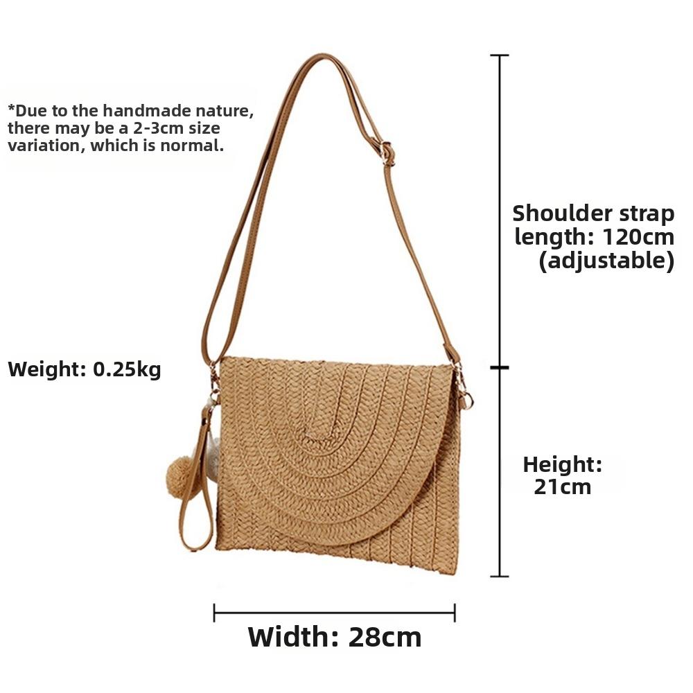 New Woven Texture Straw Crossbody Bag Hair Ball Pendant Envelope Shape Envelope Clutch White Khaki Shoulder Bag Travel Outing