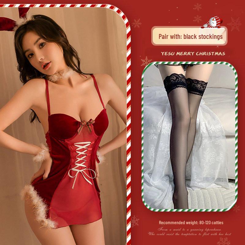 Seductive See-Through Halter Lingerie: Christmas New Year Plush Tie-Up Padded Set