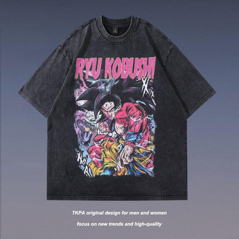 Vintage Street Cartoon Print Oversize Old Short-Sleeved T-Shirt Men'S And Women'S Hip Hop Loose Half-Sleeved Tee Shirt