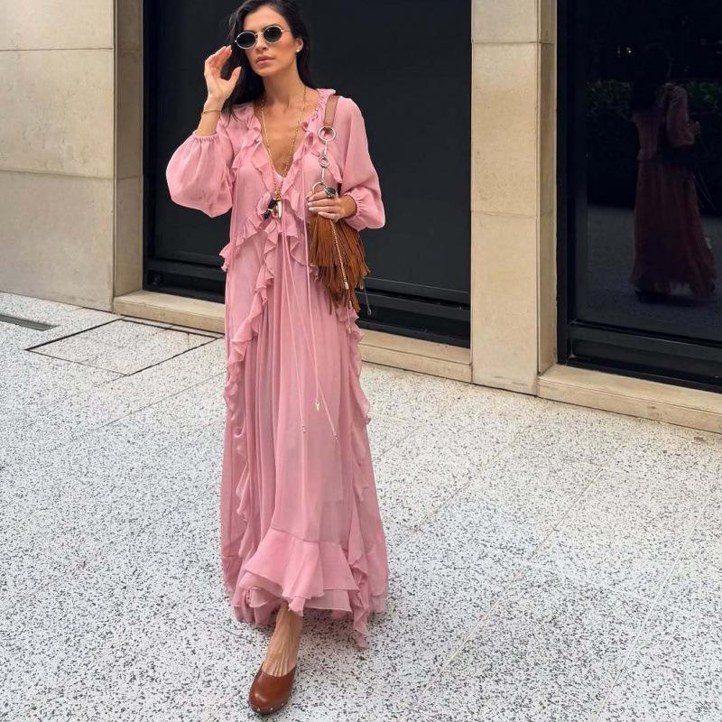 Layered V-Neck Long Dress for Women - European and American Style