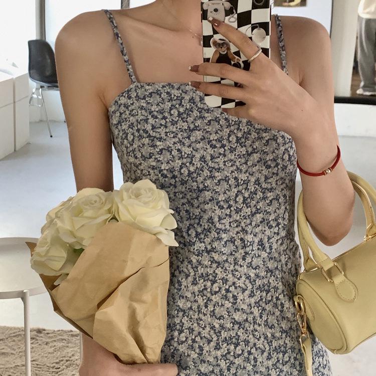 One-Shoulder Floral Midi Dress for Women, Summer Vacation Style, Slimming, Spaghetti Straps, Backless