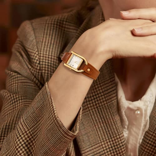 BUREI Women's Watch, Stylish, Simple, Cute, Quartz, Waterproof, Analog, Gold Square Dial, Roman Numerals, Brown Leather Strap, Commuter, Business, Cas
