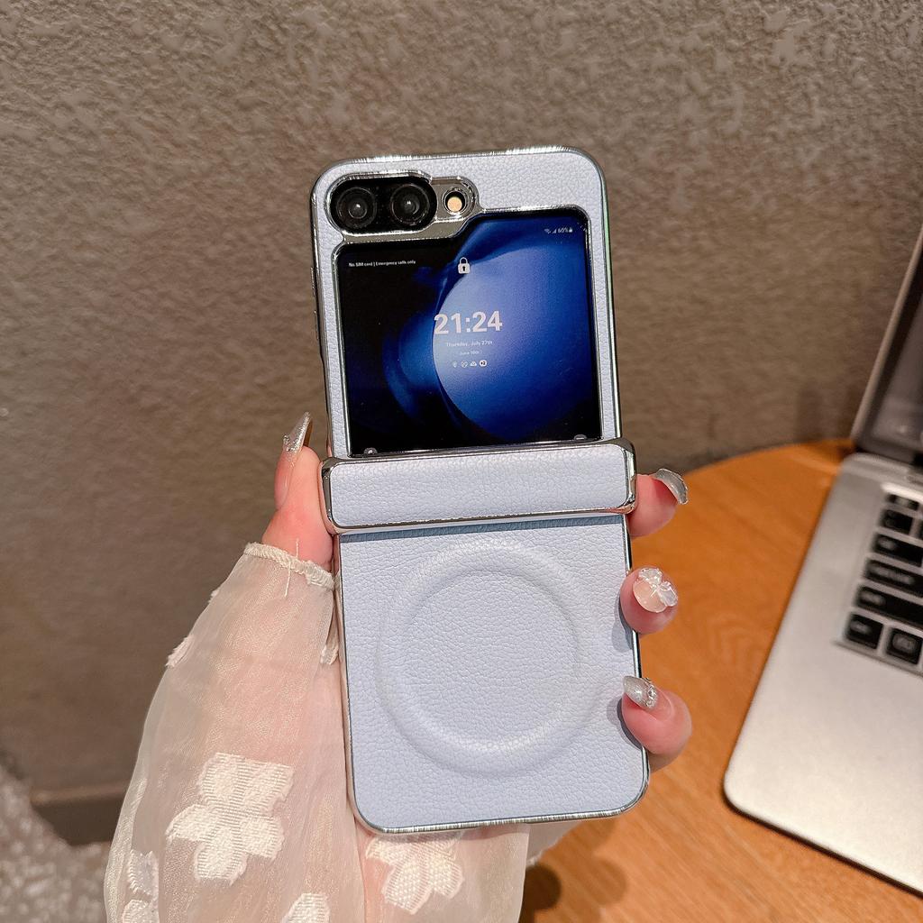 Suitable for Samsung Z Flip7 Mobile Phone Case 3 4 5 6 Business Center Shaft Three Section Lychee Pattern Magnetic Suction Prevent Falling