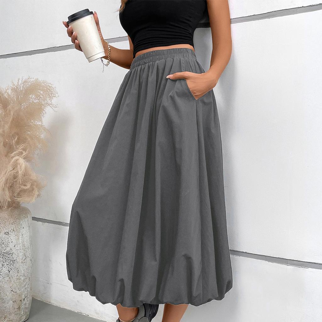 Damen Maxirock A-Linie mit hoher Taille und Taschen Elastischer Bund Lockere Passform Lässiger Langer Rock für den Alltag