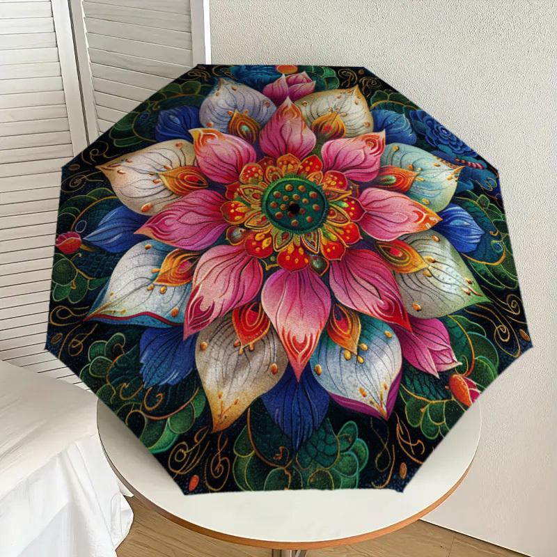 

1pc Lotus Mandala Design Umbrella with Plastic Handle,Suitable for All Seasons Home Travel Outdoor UmbrellaDD583