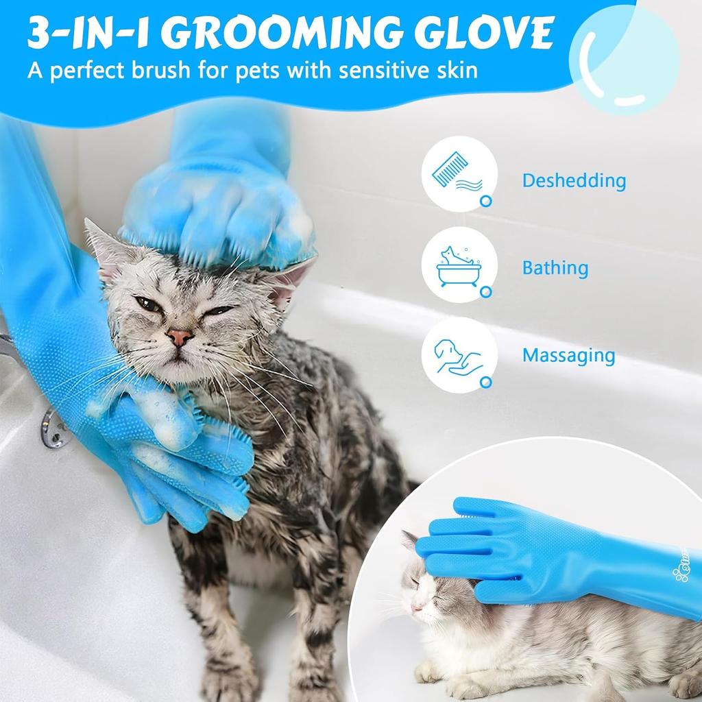 Handschuhe zur Fellpflege von Haustieren – hitzebeständige Silikonhandschuhe mit hochdichten Zähnen, verbessertes Fünf-Finger-Design zum Baden und Massieren von Hunden und Katzen