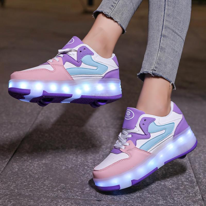 29-40 Zapatos Deportivos Planos Desmontables de Cuatro Ruedas para Niños Zapatos Deportivos Luminosos LED Recargables Patines de Cuatro Ruedas