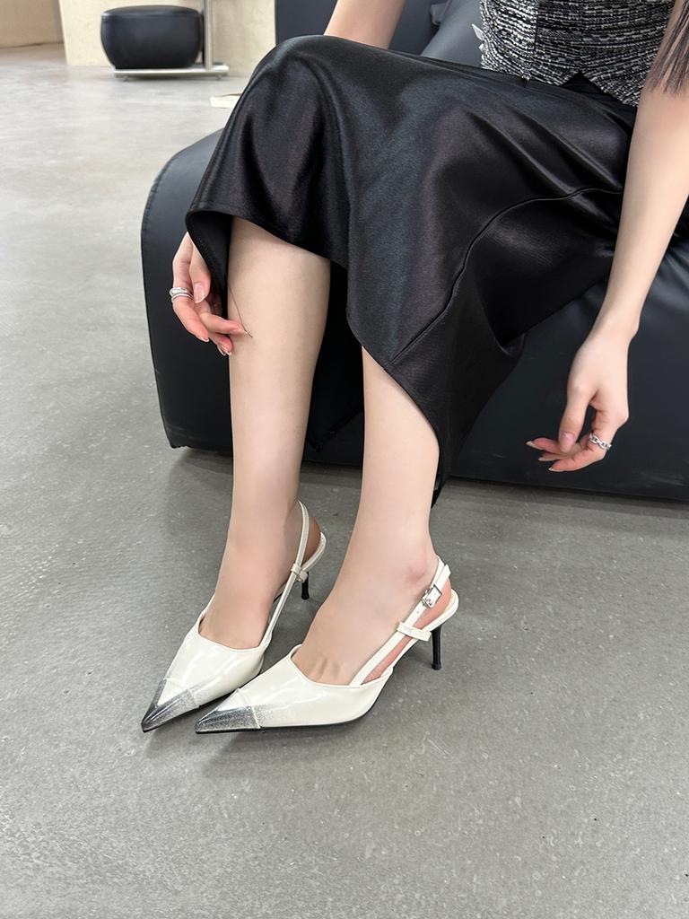 Fashion Pointed Toe Women Sandals Summer Dress Shoes Thin High Heels Back Strap Black Pink White Brown Patent Leather Sexy Pumps 35-39