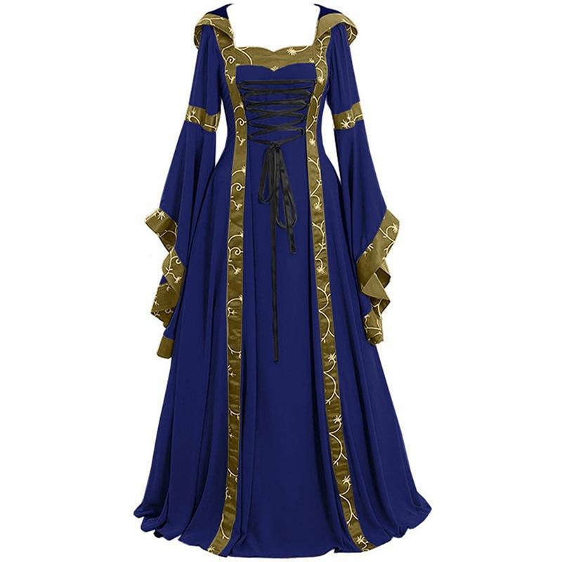 Women's Medieval Vintage Court Style Hooded Dress Square Neck Flared Sleeve Big Swing Dress