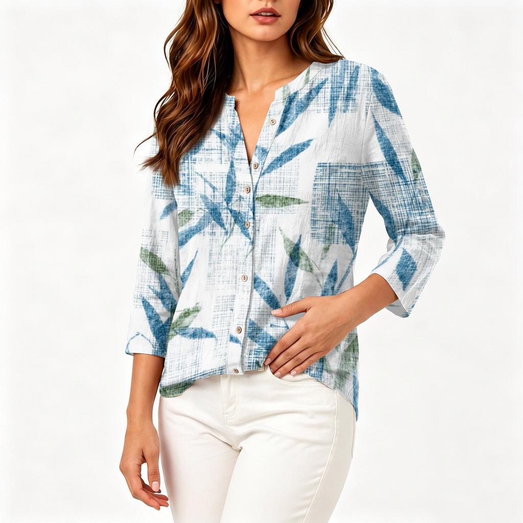 Women Vintage Floral Print Henley Collar Button Down Shirt Three Quarter Sleeve Linen Cotton Blouse Casual Loose Fit Top