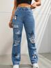 Butterfly Print Ripped Cut Fashion Denim Pants Straight Leg High Waist Contrast Denim Trousers Women