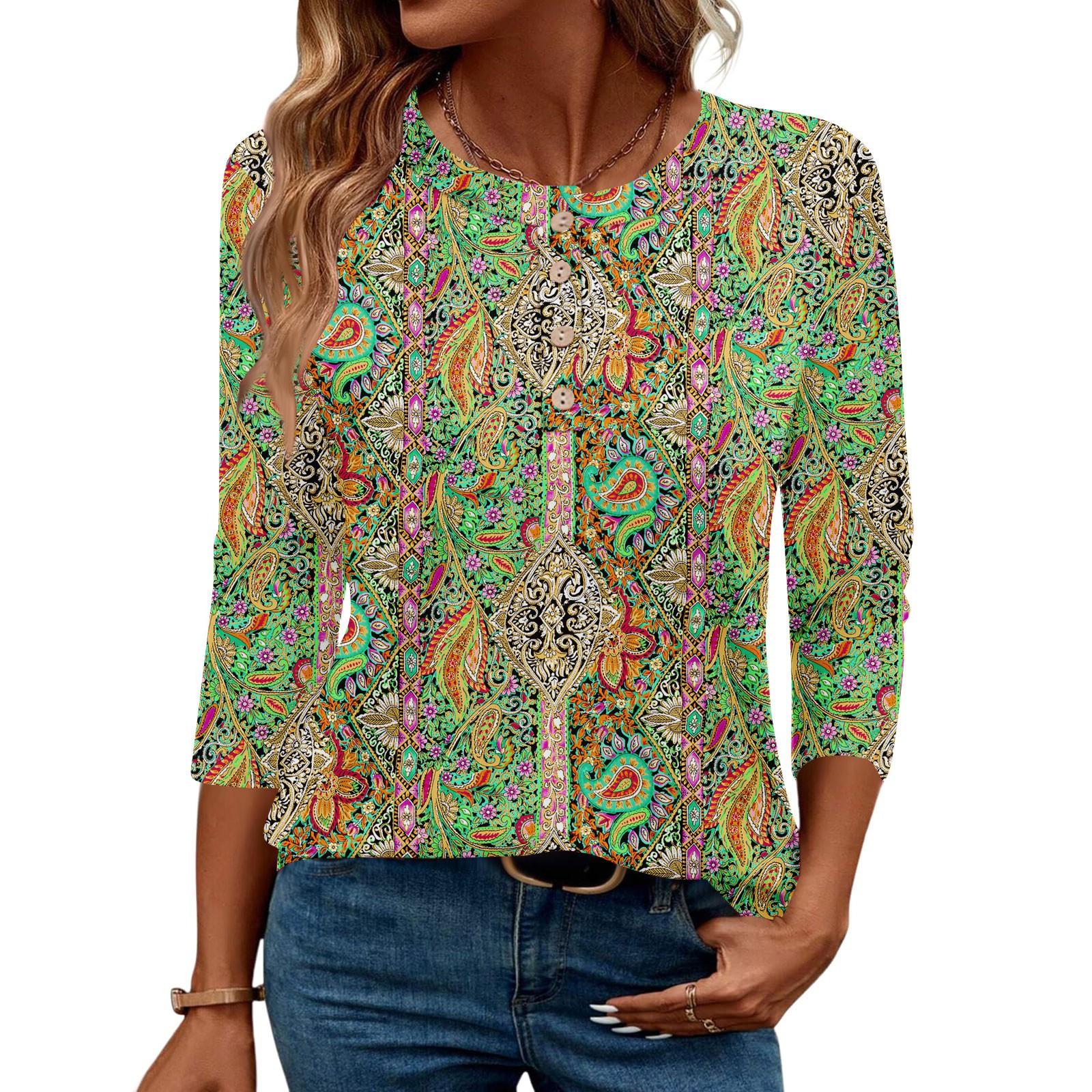 

Рубашки с рукавом 3/4 для женщин, рубашка на пуговицах, топ для женщин, блузка с принтом на половину пуговиц L зелёный