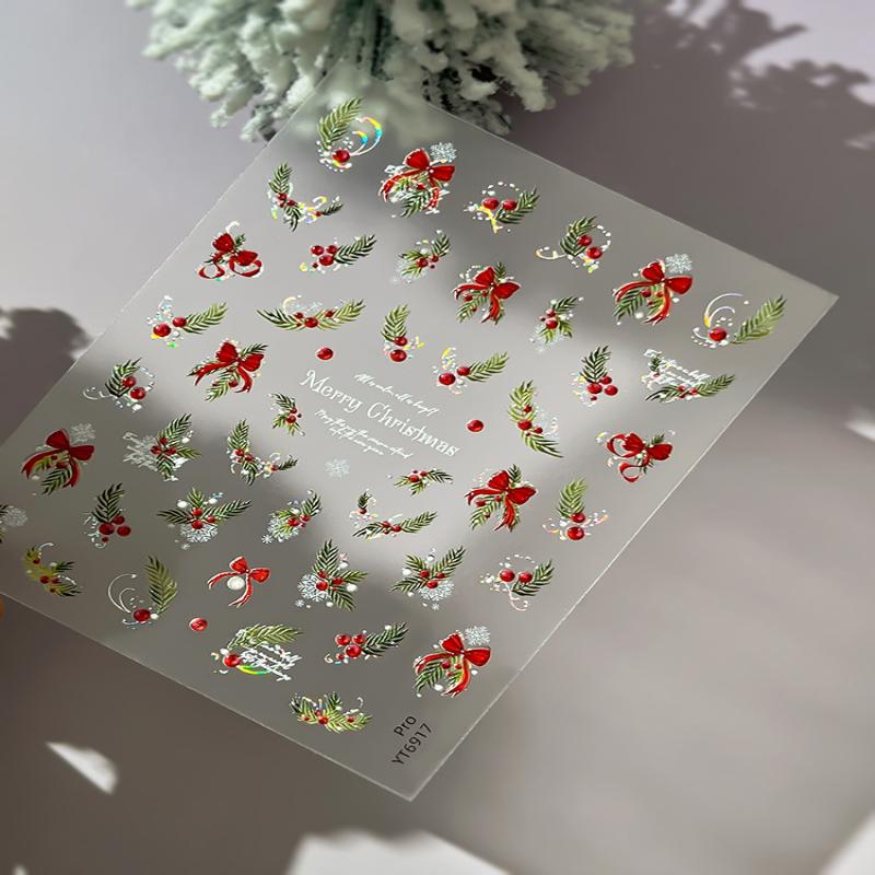 Vánoční nálepky na nehty Laserová sněhová vločka Reliéfní 3D vánoční strom Listy Kreslené Nositelné náplasti na nehty Manikúra Dekorace Kouzlo