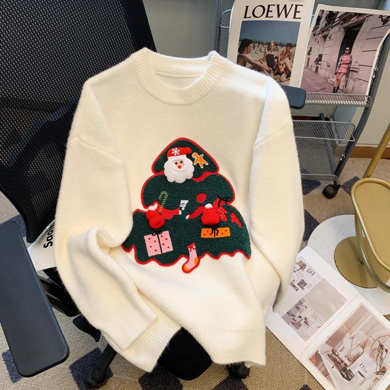 

Осенне-зимняя свободная трикотажная кофта с длинным рукавом, с красным рождественским свитером с маленькой елкой, ленивый ветер 411-92 (average size) белый