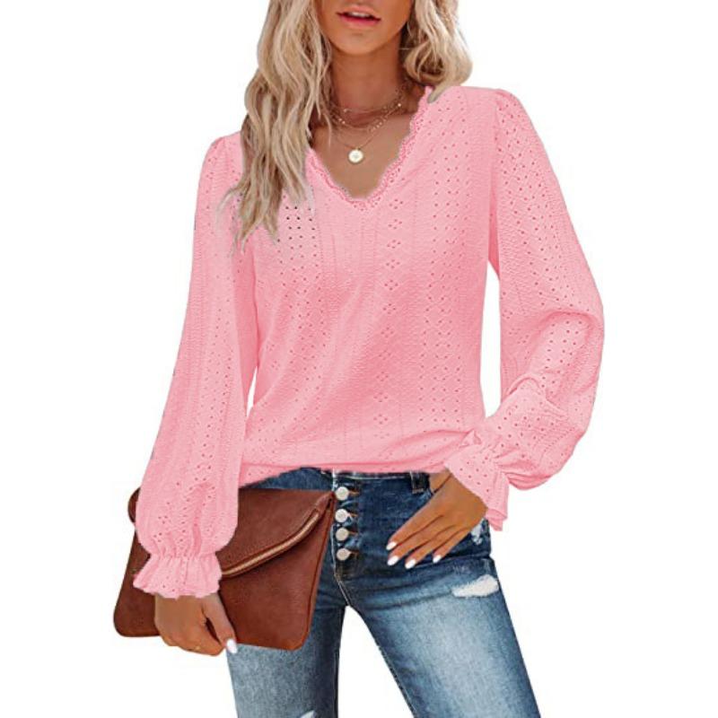 Spring and Summer Women's V-neck T-shirt Hollow Casual Pleated Sleeve Blouse Shirt