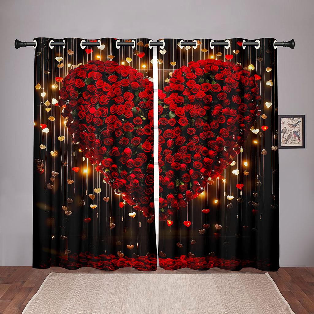 2-delt rose kjærlighet hjerte gardin valentinsdag tema rød romantisk blomster gull stjernelys stue soverom vindusdekor