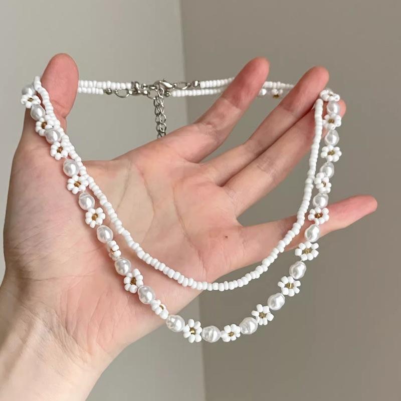 Elegant Imitation Pearl Pendant Choker Necklace, Crystal Flower Butterfly Layered Neck Chain, Victorian Style Clavicle Necklace for Women