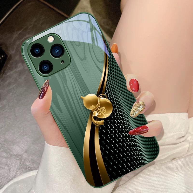 Holzmaserung Goldene Kürbis für iPhone 15 Pro 14 13 12 Mini 11 XS Max XR 7 8 Plus SE 2020 2022 Gehärtetes Glas Handyhülle