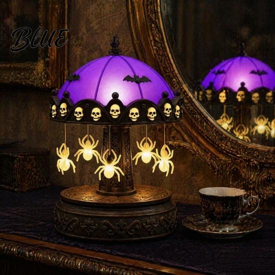 Retro Resin Table Lamp Halloween Ghost Carousel Lights Gothic Stained Glass Night Light with Copper Unique Housewarming Gift Base USB Rechargeable
