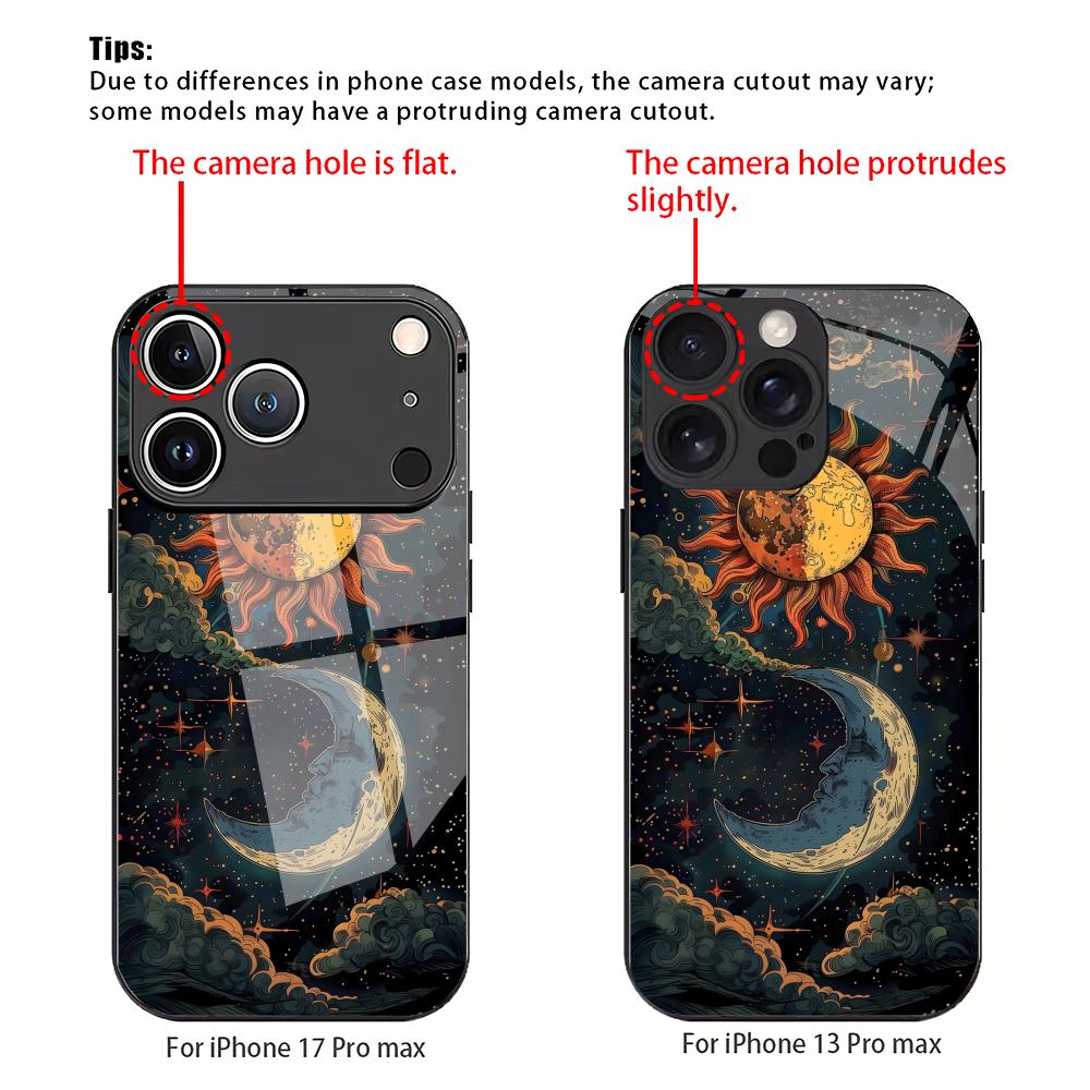 Sun, moon and stars pattern glass mobile phone case suitable for iPhone 17/16/15/14/13/12/11Pro Max all-inclusive anti-fall