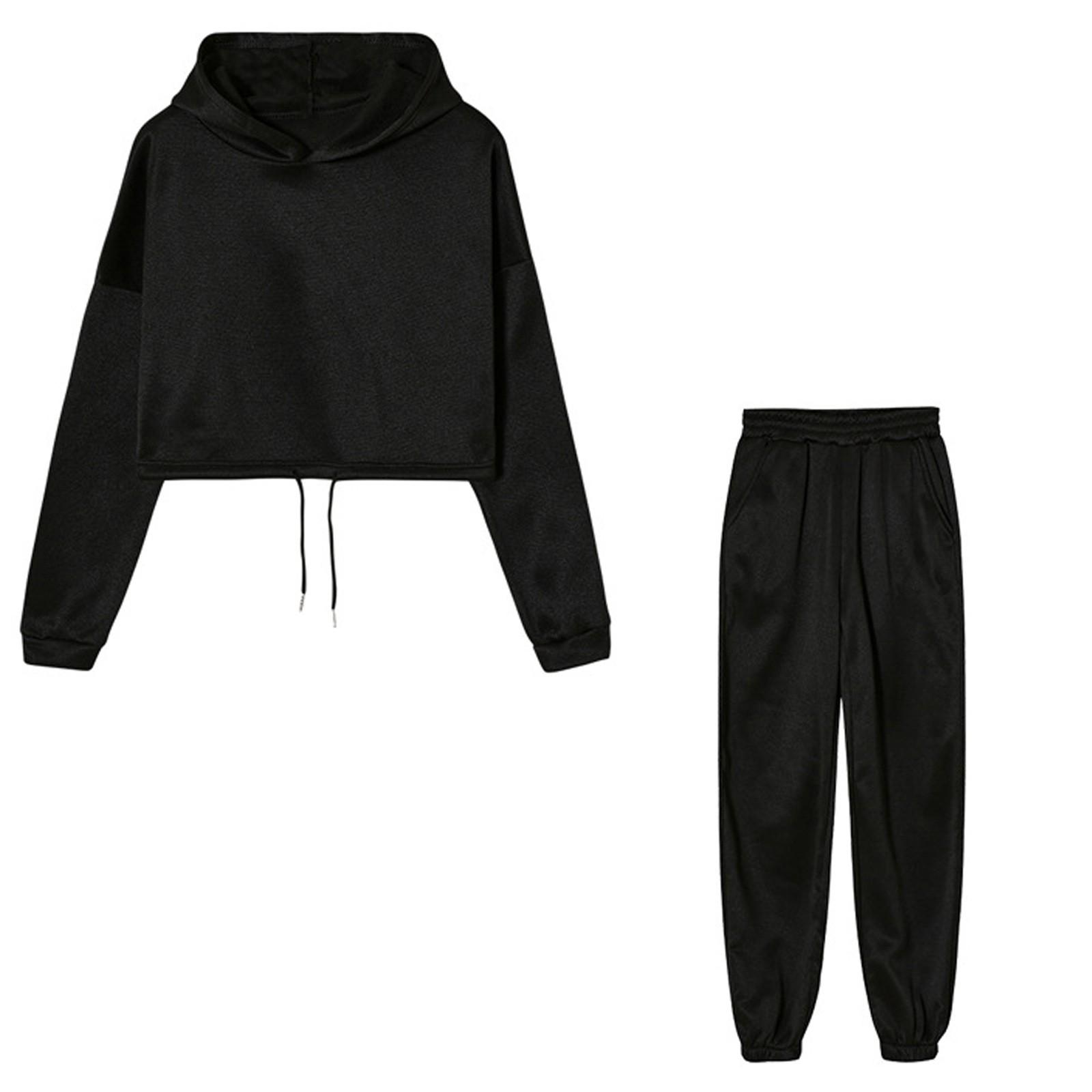 

Женский спортивный модный однотонный повседневный комплект из двух предметов с капюшоном L чёрный