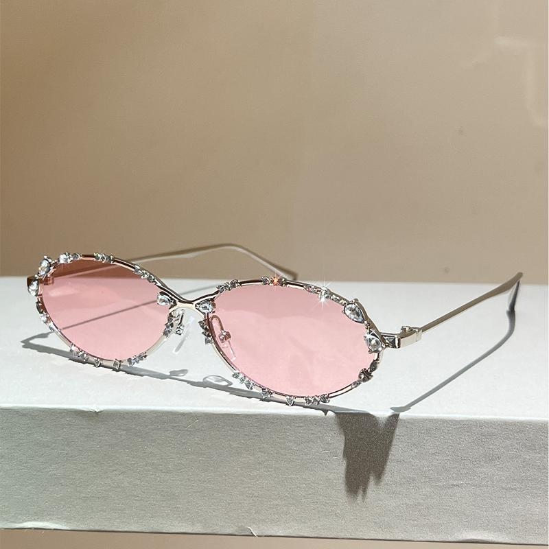 KAMMPT Vintage Oval Sunglasses with Rhinestones Women Fashion Retro Metal Rim Decor Shades New Trendy Elegant Casual Sun Glasses