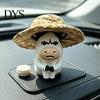 Durable Pvc Car Decor Cute Straw Hat Cow Ornament, Creative Desktop Figurine Anti Slip Console with Hat, Cartoon Dashboard Decor, Interior Decoration