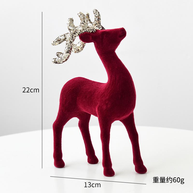 Christmas Reindeer Desktop Ornament Christmas Tree Decor Hanging Accessory Glittering Burgundy Flocked Deer Pendant Decoration