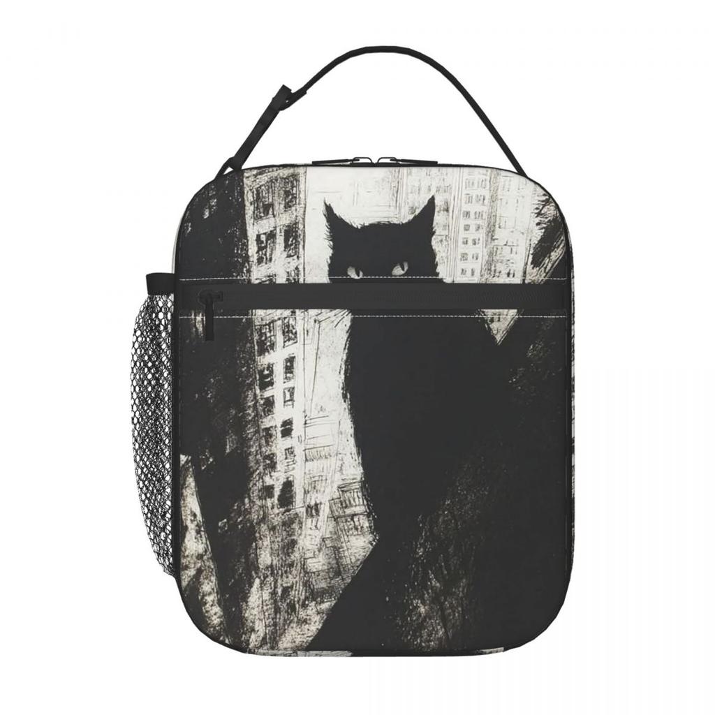 Vintage Black Cat And European Street Scene Insulated Lunch Bag for Women Kids Leakproof Food Boxes Thermal Lunch Box Tote