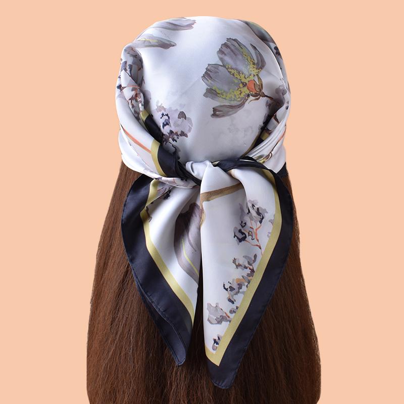 1pc Sweet Large Flower Print Silk Satin Square Scarf Women's Hair Accessory Spring New Versatile Belt Bag Decoration Heads