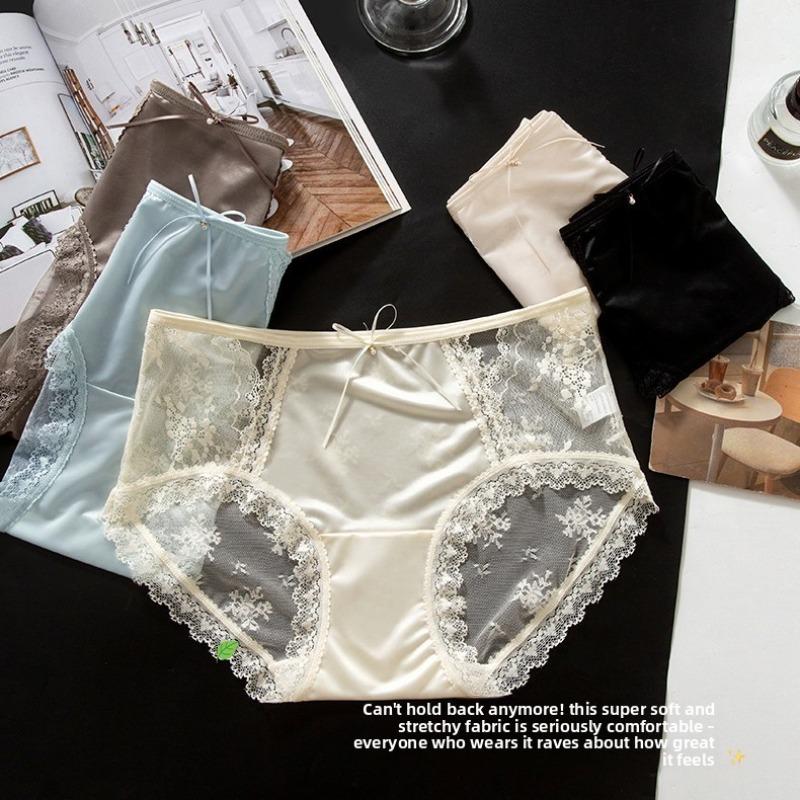 Female Summer Sexy Lace Hollow Satin Antibacterial Comfortable Breathable Hip Mid Waist Triangle Briefs