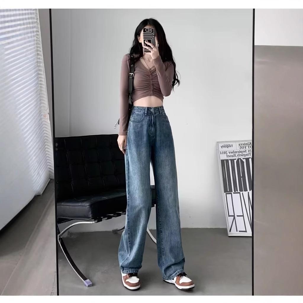 2024 Herbst Damen Retro Koreanische Gerade Bein High-Waist Weite Bein Jeans
