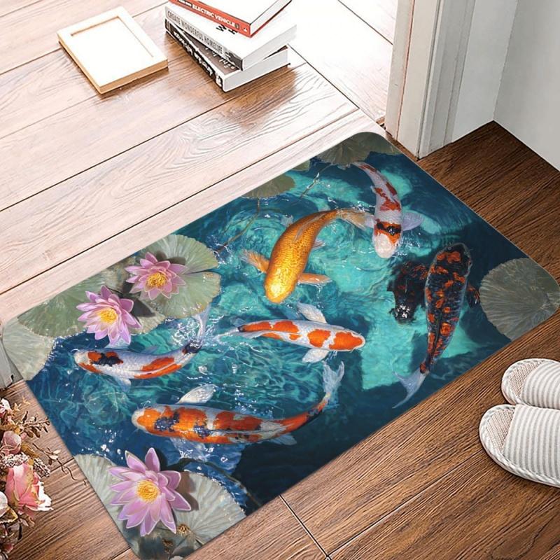 Vibrant Koi Pond DOORMAT – Realistic Scene of Colorful Carp Swimming Non-Slip Floor Mat Carpet for Entryway