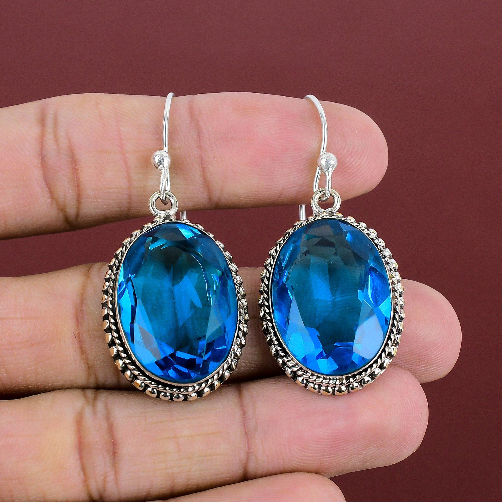 Faceted Swiss Blue Topaz Earring Vintage Gemstone Earrings 925 Sterling Silver Earring Antique Jewelry Handmade Earrings Engagement Gifts
