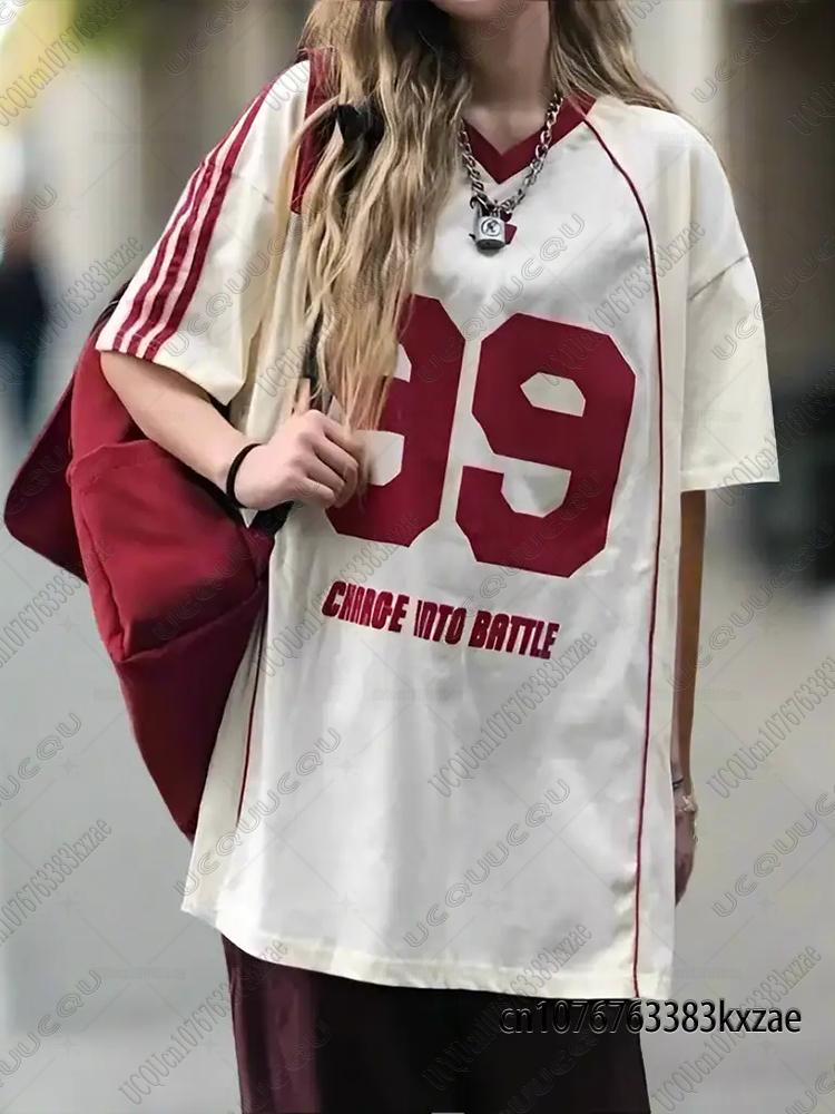 2026 Summer New 99 Print T-Shirt For Women V-Neck Patchwork Short Sleeve Vintage Sports Football Jersey Y2K Loose Oversized Tops