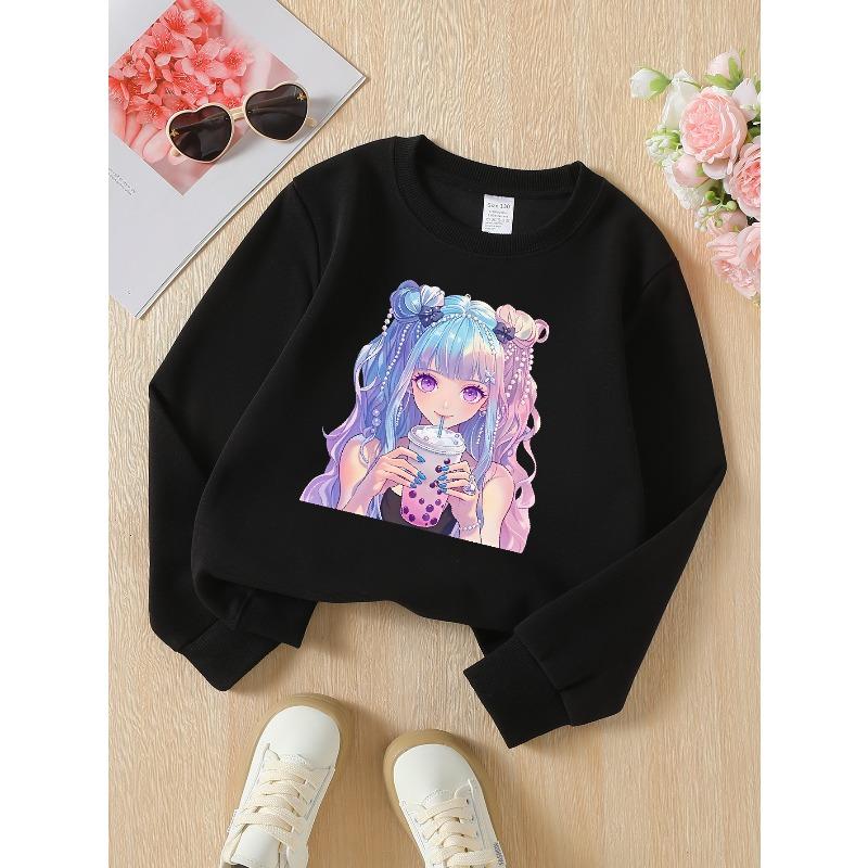 Kids Sweatshirt ,Crew Neck Fashion Top, Fun "Anime Girl Bubble Tea" Patterned Sweatshirt, for Everyday Casual Wear, for All Kinds of Daily Outfits