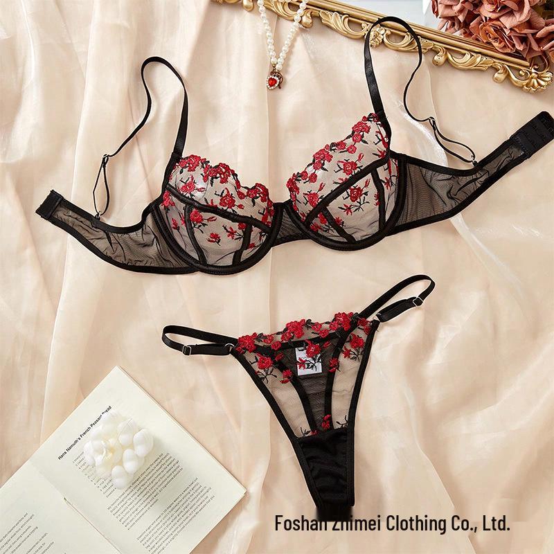 Y French Embroidered Underwire Bra Set - Ultra-thin, Sheer Three-point Lingerie 24088