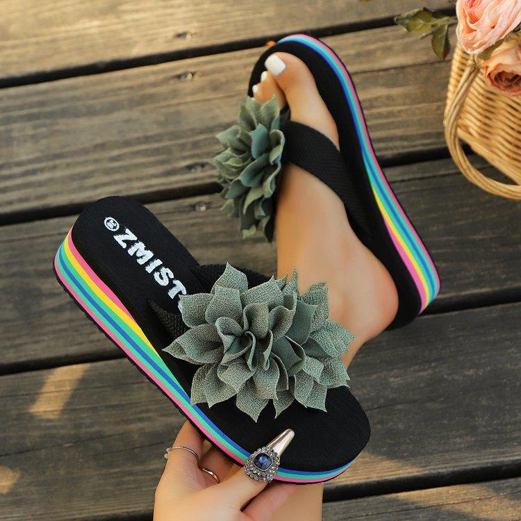 Flip-flops women's summer rainbow flower thick-soled sandals with colorful soles, women's shoes casual beach slippers