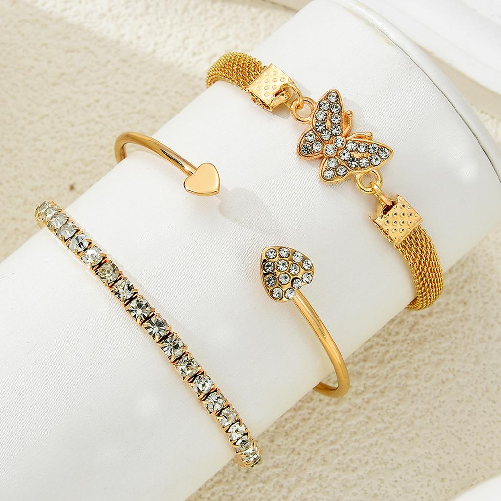 3Pcs/Set Luxury Rhinestone Butterfly Heart Bracelet For Women Vintage Exquisite Gold Color Cuff Bangle Female Daily Wear Jewelry