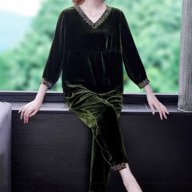 2pcs Pants Suits Autumn Retro Women's V Neck Plus-size Velvet Blouse High-waist Velvet Harem Pants Two-piece Set